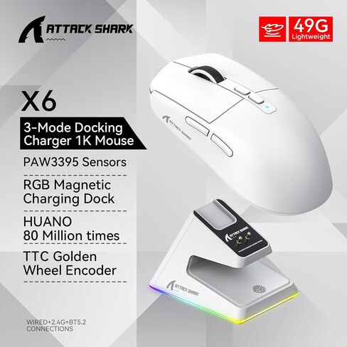 ماوس ألعاب X6 لاسلكي، ماوس Superlight مع قاعدة شحن مغناطيسية RGB، 2.4G/BT5.2/سلكي، مستشعر PAW3395 26000 نقطة في البوصة، زر قابل للبرمجة للكمبيوتر الشخصي/Mac in Saudi Arabia
