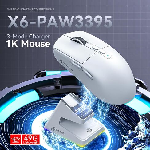 ماوس ألعاب X6 لاسلكي، ماوس Superlight مع قاعدة شحن مغناطيسية RGB، 2.4G/BT5.2/سلكي، مستشعر PAW3395 26000 نقطة في البوصة، زر قابل للبرمجة للكمبيوتر الشخصي/Mac in Saudi Arabia