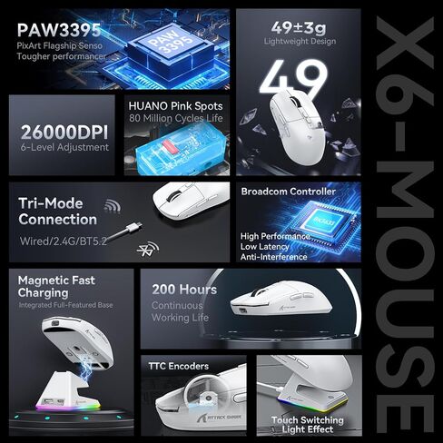 ماوس ألعاب X6 لاسلكي، ماوس Superlight مع قاعدة شحن مغناطيسية RGB، 2.4G/BT5.2/سلكي، مستشعر PAW3395 26000 نقطة في البوصة، زر قابل للبرمجة للكمبيوتر الشخصي/Mac in Saudi Arabia