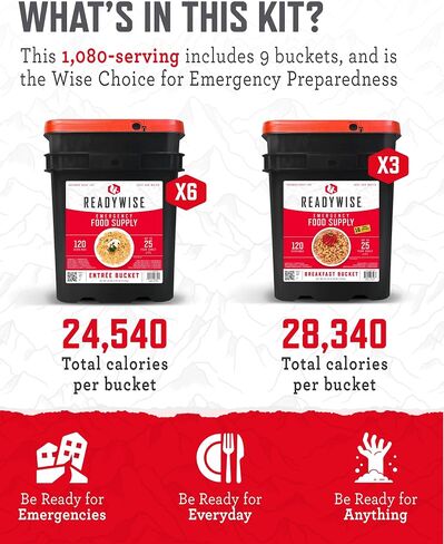 ReadyWise Emergency Food Supply - 360 Servings, 3 Buckets, Freeze Dried & Dehydrated Package of Long Term Meals, Survival Kit for Camping, Prepper Food Storage Supplies, up to 25 Year Shelf Life in Kuwait