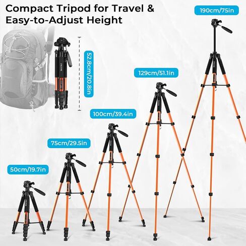 75" Camera Tripod, Tripod for Camera and Phone, Aluminum Professional Heavy Duty Camera Tripod Stand, Tripod for Camera DSLR SLR with Carry Bag, Compatible with Canon Nikon iPhone in Saudi Arabia