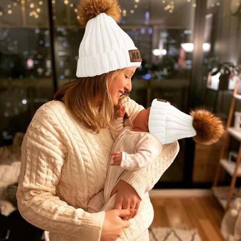 Personalized Parent-Child Beanie Hat, 2-Pack Mama Mini Pom Pom Hat,Mother & Baby Boy Girl Winter Warm Knit Hat Gift Sapphire in Saudi Arabia