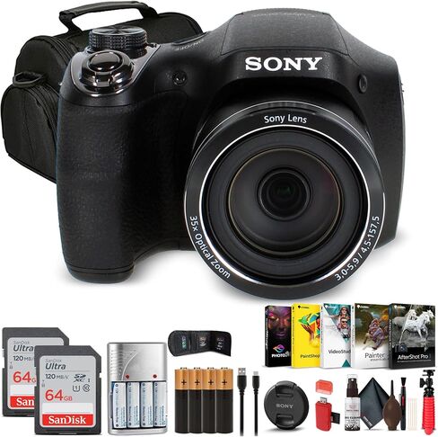 Sony Cybershot DSC-H300 Digital Camera (Black) (DSCH300/B) + 2 x 64GB Memory Card + Card Reader + Corel Photo Software + Case + Flex Tripod + 4xAA Batteries + Memory Wallet + Cleaning Kit in Saudi Arabia