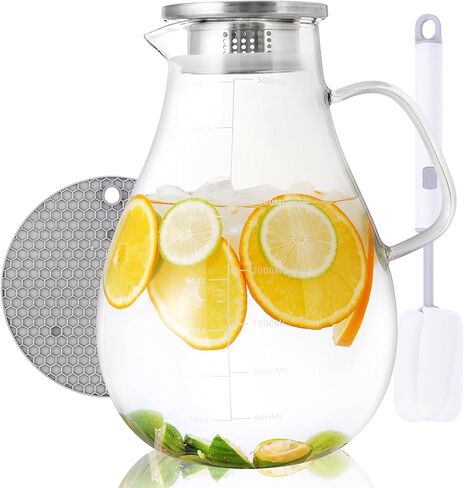 Glass Pitcher with Lid, 70oz/2 Liter Glass Water Jug with Coaster and Brush,Heat and Cold Resistance for Coffee, Juice, Hot/Cold Beverages,Lemonade and Milk in Saudi Arabia