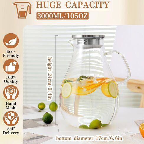 Glass Pitcher with Lid, 70oz/2 Liter Glass Water Jug with Coaster and Brush,Heat and Cold Resistance for Coffee, Juice, Hot/Cold Beverages,Lemonade and Milk in Saudi Arabia