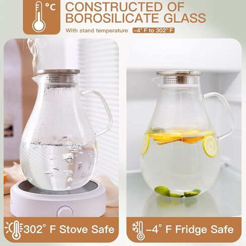 Glass Pitcher with Lid, 70oz/2 Liter Glass Water Jug with Coaster and Brush,Heat and Cold Resistance for Coffee, Juice, Hot/Cold Beverages,Lemonade and Milk in Saudi Arabia