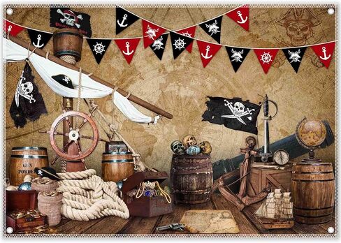 ZTHMOE 7x5ft Polyester Halloween Pirate Photography Backdrop Nautical Treasure Map Background Kids Pirates Ship Birthday Party Decorations Photo Banner Props with Four Holes Easy to Hang in Saudi Arabia