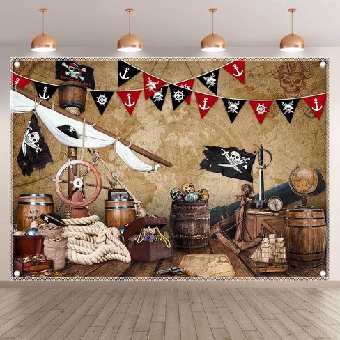 ZTHMOE 7x5ft Polyester Halloween Pirate Photography Backdrop Nautical Treasure Map Background Kids Pirates Ship Birthday Party Decorations Photo Banner Props with Four Holes Easy to Hang in Saudi Arabia