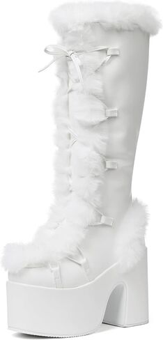 Accloris Fur Knee High Boots Furry Platform Chunky Heel Rave Boots | Furry Detail · 14.56" Shaft · 5.1" Chunky Heel · Side Zip · Faux Leather—Snow Punk Goth Boots, Pile Socks to Mini Skirts in Saudi Arabia