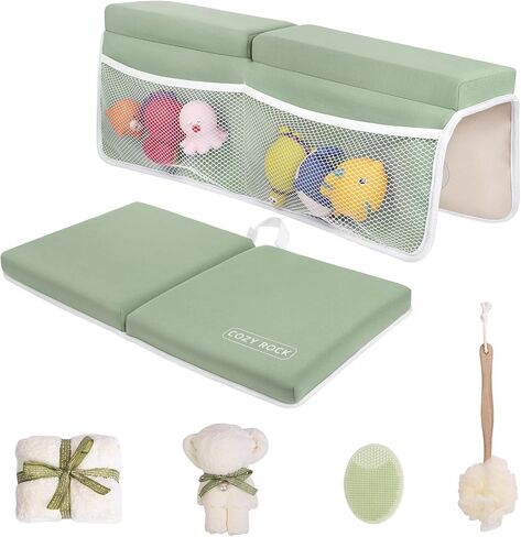 Baby Bath Kneeler and Elbow Rest Pad Set, Kneeling Pad for Bathing Baby and Elbow Pad with Bath Brush and Hand Towel, Bathtub Kneeler and Elbow Rest Set with Organizer - Cozy Green in Saudi Arabia