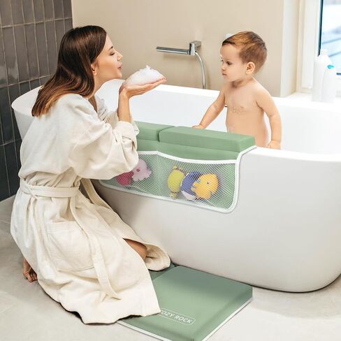 Baby Bath Kneeler and Elbow Rest Pad Set, Kneeling Pad for Bathing Baby and Elbow Pad with Bath Brush and Hand Towel, Bathtub Kneeler and Elbow Rest Set with Organizer - Cozy Green in Saudi Arabia