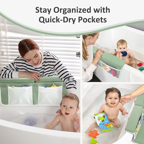 Baby Bath Kneeler and Elbow Rest Pad Set, Kneeling Pad for Bathing Baby and Elbow Pad with Bath Brush and Hand Towel, Bathtub Kneeler and Elbow Rest Set with Organizer - Cozy Green in Saudi Arabia