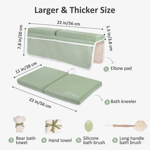 Baby Bath Kneeler and Elbow Rest Pad Set, Kneeling Pad for Bathing Baby and Elbow Pad with Bath Brush and Hand Towel, Bathtub Kneeler and Elbow Rest Set with Organizer - Cozy Green in Saudi Arabia