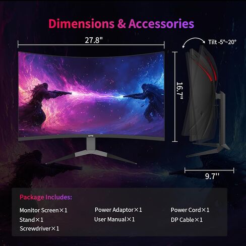 KTC 27 inch WQHD 180Hz 1ms Curved Gaming Monitor 1440P 144Hz Monitor 132% sRGB HVA FreeSync DisplayPort/HDMI/USB VESA Computer Monitor for Gamers (DP Cable Included) in Kuwait