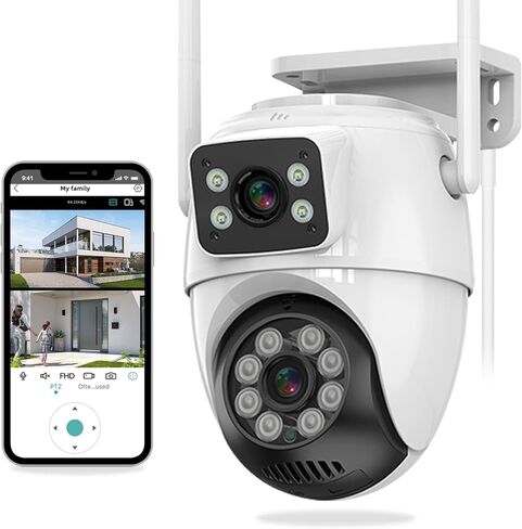 Dual Lens Outdoor Security Cameras, PTZ Wired WiFi Camera 360°View,IP66 Waterproof,Human Detection&Tracking,Light Alarm,Night Vision,24/7 Record in Kuwait