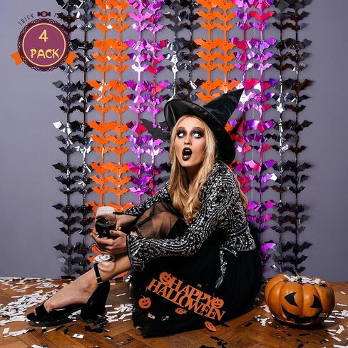 LOLStar Halloween Party Decoration, 4 Pack Black Orange and Purple Bat Photo Booth Props, 3.3 x 6.6 ft Halloween Foil Fringe Curtains, Halloween Photo Backdrop Streamers for Halloween Party Supplies in Kuwait