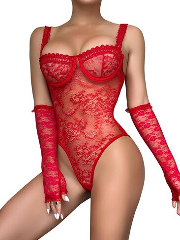 Lilosy Sexy Underwire Push Up Scallops Floral Mesh Sheer Babydoll Lingerie Women Teddy Bodysuit Top Nightgown One Piece in Saudi Arabia