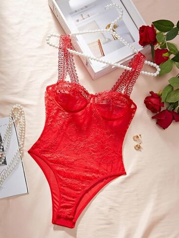 Lilosy Sexy Underwire Push Up Scallops Floral Mesh Sheer Babydoll Lingerie Women Teddy Bodysuit Top Nightgown One Piece in Saudi Arabia