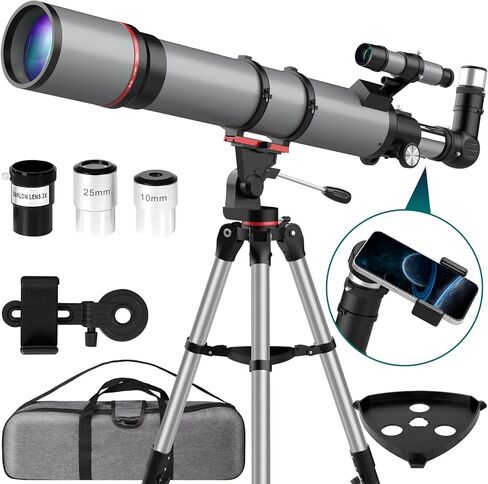 تلسكوب علم الفلك للبالغين - تلسكوبات منكسرة بفتحة 90 مم و800 مم للأطفال المبتدئين - تلسكوب محمول مع حامل ثلاثي القوائم ومحول الهاتف in Kuwait