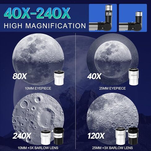 تلسكوب علم الفلك للبالغين - تلسكوبات منكسرة بفتحة 90 مم و800 مم للأطفال المبتدئين - تلسكوب محمول مع حامل ثلاثي القوائم ومحول الهاتف in Kuwait