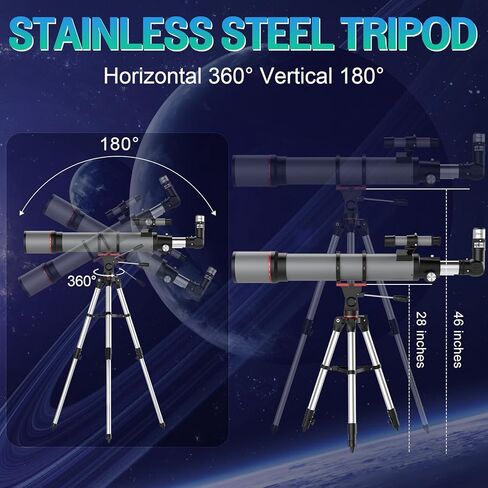 تلسكوب علم الفلك للبالغين - تلسكوبات منكسرة بفتحة 90 مم و800 مم للأطفال المبتدئين - تلسكوب محمول مع حامل ثلاثي القوائم ومحول الهاتف in Kuwait