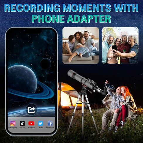 تلسكوب علم الفلك للبالغين - تلسكوبات منكسرة بفتحة 90 مم و800 مم للأطفال المبتدئين - تلسكوب محمول مع حامل ثلاثي القوائم ومحول الهاتف in Kuwait