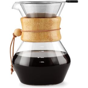 COPOTEA Pour Over Coffee Maker with Double Layer Stainless Steel Filter, 28oz / 800ml Coffee Dripper Brewer, Borosilicate Glass Coffee Carafe,Wooden Collar