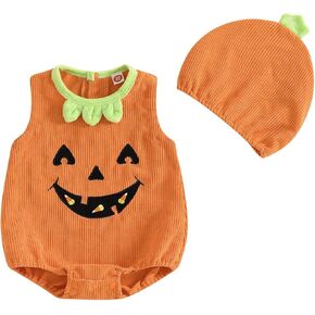 Newborn Baby Boy Girl Pumpkin Clothes Pumpkin Sleeveless Romper Corduroy Bubble Romper with Hat Halloween Outfits