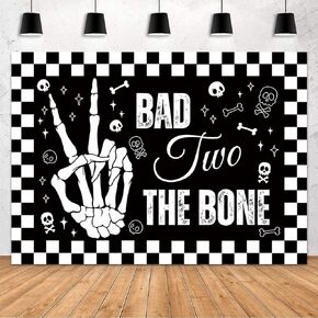 MEHOFOND Skeleton 2nd Birthday Backdrop Bad Two The Bone Black Halloween Boys Kids Birthday Photography Background Two Years Old Birthday Party Decoration Supplies Banner Photo Booth Props 7x5ft