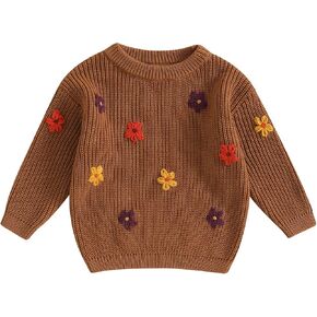 سترة منسوجة للأطفال البنات والأولاد الصغار، سترة لطيفة على شكل زهرة، رقبة دائرية، وأكمام طويلة، سترة كبيرة الحجم، سترة شتوية دافئة in Kuwait