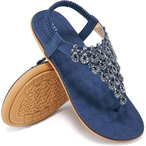 HARENCE Womens Summer Flats Sandals: Casual Bohemian Dressy Thong Flat Shoes Comfortable Slip on Elastic Ankle Strap Beach Sandal