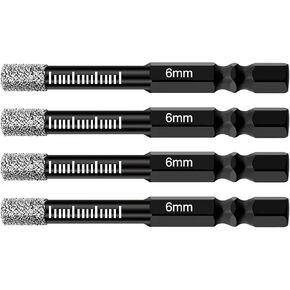 NACX 6mm Dry Diamond Drill Bits, 1/4 Hex Shank Brazed Diamond Core Drill Bits for Granite Marble Porcelain Tile Ceramic Stone Glass Hard Materials, 4Pcs