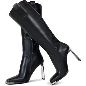 Women Wide Calf Knee High Boots Chunky High Heels Square Metal Toe and Side Zipper Boots Fashion Dress Boots
