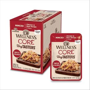 Wellness CORE Tiny Tasters Wet Cat Food, Complete & Balanced Natural Pet Food, Made with Real Meat, 1.75-Ounce Pouch, 12 Pack (Adult Cat, Flaked Tuna & Salmon in Gravy)