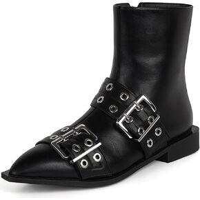 Women's Metal Eyelets Buckle Straps Ankle Booties,Pointed Toe Side Zipper Chunky Low Heel Gothic chelsea boots Combat Motorcycle Shoes