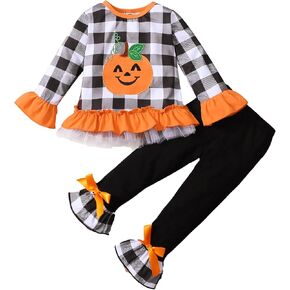 Toddler Baby Girls Halloween Outfits Long Sleeve Pumpkin Ghost T-Shirt Top Tutu Skirt Pants Headband Clothes Sets