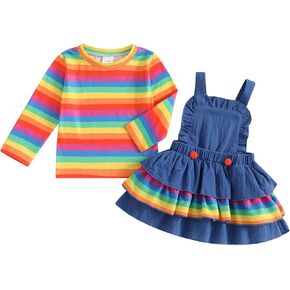 Toddler Baby Girl Spring Outfit Long Sleeve Striped Rainbow Top + Layered Ruffled Suspender Skirt Dress Clothes Set