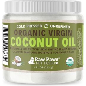 Raw Paws Organic Coconut Oil for Dogs & Cats, 4-oz - Treatment for Itchy Skin, Dry Nose, Paws, Elbows, Hot Spot Lotion for Dogs, Natural Hairball Remedy for Dogs & Cats
