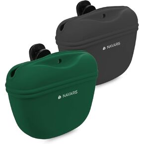 Navaris Silicone Dog Treat Pouches (Set of 2) - Dog Treat Pouch Holder Bag with Clip for Training, Treats, Leash - Triangle Design - Green and Gray