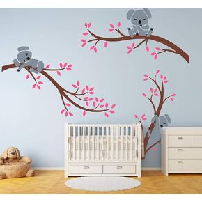 Three Koalas Tree Branches Wall Decal Wall Sticker Baby Nursery Decor Kids Room Decoration (White+Pink)