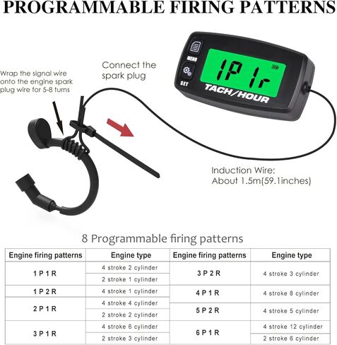 JR-HM032A Self Powered Digital Tach/Inductive/Maintenance/Waterproof/Backlit/Shutdown Hour Meter,Battery Replaceable,for Lawn Mower Tractor Generators and Pneumatic Equipment (1) in Kuwait