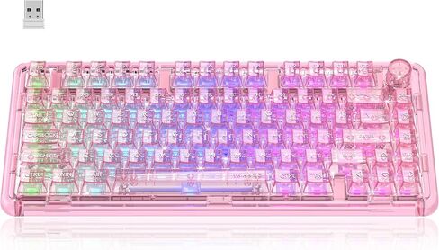 لوحة مفاتيح ألعاب ميكانيكية لاسلكية، لوحة مفاتيح هادئة بإضاءة خلفية RGB شفافة كاملة 80 مفتاحًا، مفتاح خطي قابل للتبديل السريع مع مقبض وسائط متعددة، بطارية 4000 مللي أمبير في الساعة، 3 أوضاع BT5.0/2.4G/USB-C لـ WIN/MAC، وردي in Kuwait