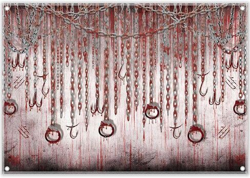 ZTHMOE 7x5ft Halloween Saw Them Backdrop Scary Old Dungeon Hanging Chains Hooks Photography Background Haunted House Horror Party Decorations Photo Props in Kuwait