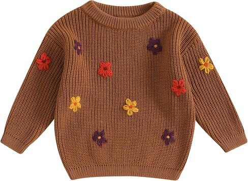 سترة منسوجة للأطفال البنات والأولاد الصغار، سترة لطيفة على شكل زهرة، رقبة دائرية، وأكمام طويلة، سترة كبيرة الحجم، سترة شتوية دافئة in Kuwait