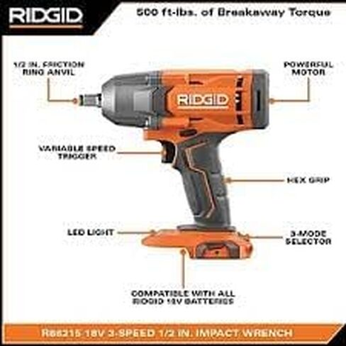 RIDGID 18V لاسلكي 1/2 بوصة. طقم مفتاح ربط مع بطارية 4.0 أمبير وشاحن in Saudi Arabia
