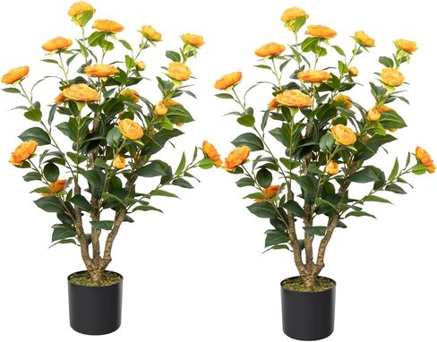 38" Artificial Camellia Tree 2 Packs, Faux Camellia Plant in Pebbles Pot with Red Flowers, Greenery Camellia Tree for Spring Home Front Door Outdoor Indoor Decoration, Red in Saudi Arabia