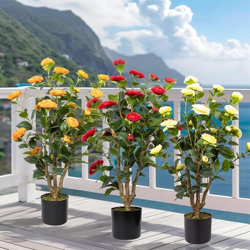 38" Artificial Camellia Tree 2 Packs, Faux Camellia Plant in Pebbles Pot with Red Flowers, Greenery Camellia Tree for Spring Home Front Door Outdoor Indoor Decoration, Red in Saudi Arabia