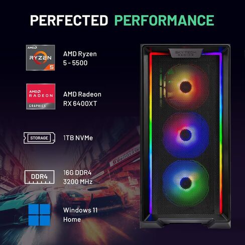 كمبيوتر سطح المكتب Skytech King 95 للألعاب، Ryzen 7 7700X 4.5 جيجا هرتز (5.4 جيجا هرتز Turbo Boost)، NVIDIA RTX 4070 Ti Super 16 جيجا GDDR6X، 1 تيرابايت Gen4 SSD، 32 جيجا DDR5 RAM 5600 RGB، 750 واط Gold PSU، ARGB AIO، Wi-Fi، Win 11 بيت in Kuwait