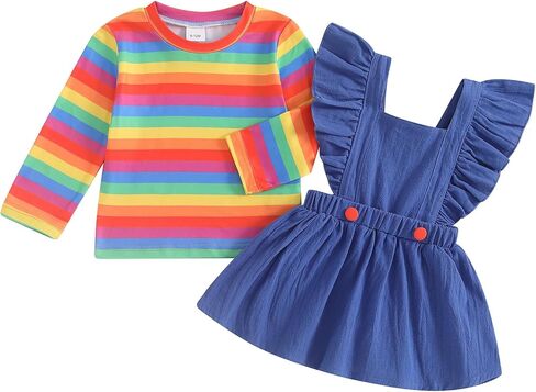 Toddler Baby Girl Spring Outfit Long Sleeve Striped Rainbow Top + Layered Ruffled Suspender Skirt Dress Clothes Set in Saudi Arabia