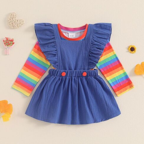Toddler Baby Girl Spring Outfit Long Sleeve Striped Rainbow Top + Layered Ruffled Suspender Skirt Dress Clothes Set in Saudi Arabia